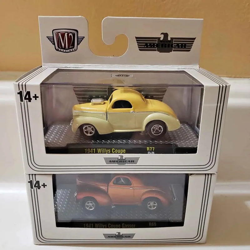 Yellow Willys coupe diecast model in display box