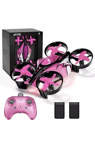Mini drone kit with pink remote controller and two black battery packs