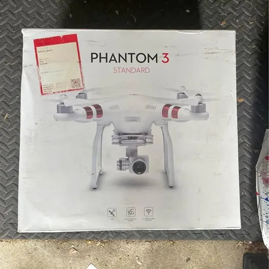 Phantom 3 Standard drone on retail box, white quadcopter with front camera