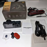 Car dash cam with camera unit and wiring harness, plus mount and instructions