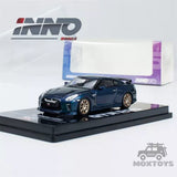 INNO diecast model car toy, dark blue sports car on black display base