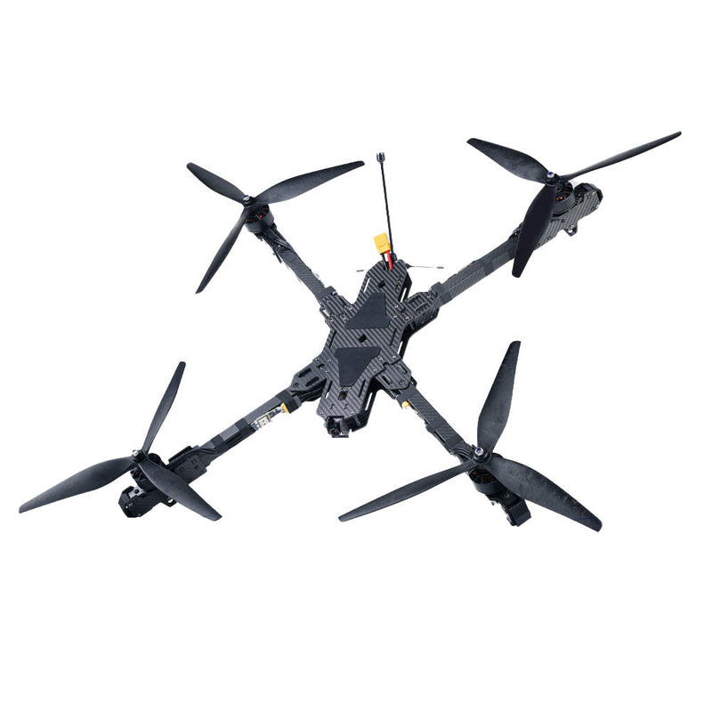 FPV quadcopter traverser drone with four propellers and dark carbon-style frame