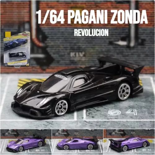 1/64 Pagani Zonda metal diecast model car, black with gray accents, angled front view