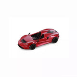 Red diecast toy sports car with black details and open cockpit, 1:36 scale