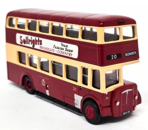 Maroon and cream diecast double-decker bus model with windows and wheels