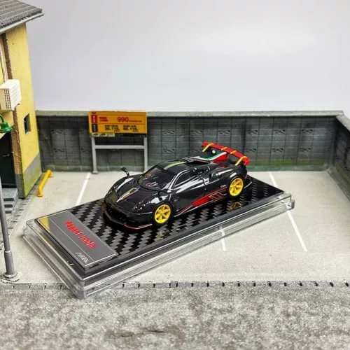 1/64 diecast Pagani Imola V12 model car, black with red trim and yellow wheels