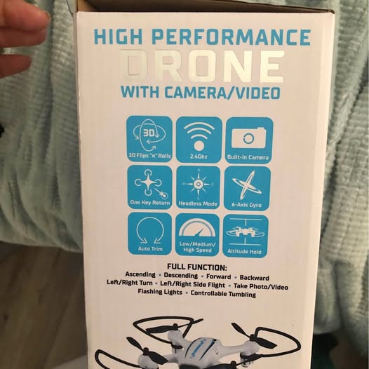 Drone box with high performance branding and camera/video feature icons
