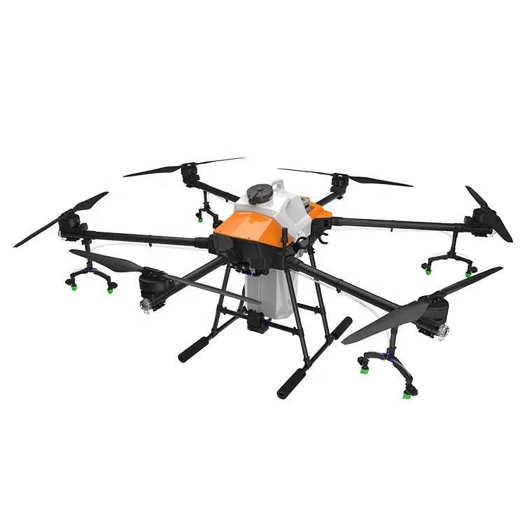 Agricultural sprayer drone with multi-rotor arms and orange spray module