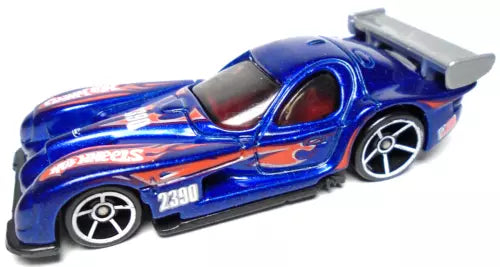 Blue diecast race car with red and white racing decals, black wheels, raised rear wing