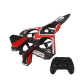 RC jet plane with red and black body, one-button flip, and matching remote controller