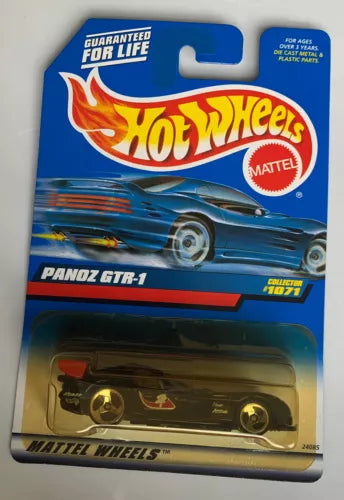 Hot Wheels Panoz GTR-1 diecast black car in blister pack, 1/64 scale