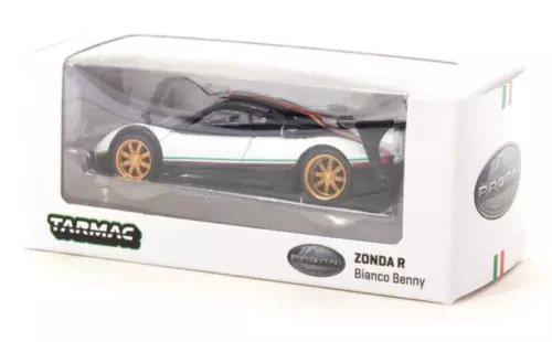 Tarmac Works GLOBAL64 1:64 diecast car in box, white and green Pagani Zonda R