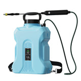 12L plastic garden sprayer with black handle and green hose, light blue tank