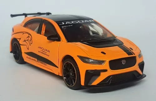 Orange Jaguar diecast pull-back model car with black racing graphics, LHD