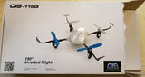 Used quadcopter drone for parts or repair with blue propellers, upright view