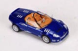 1/64 scale blue diecast toy car with tan interior, doors open, front 3/4 view