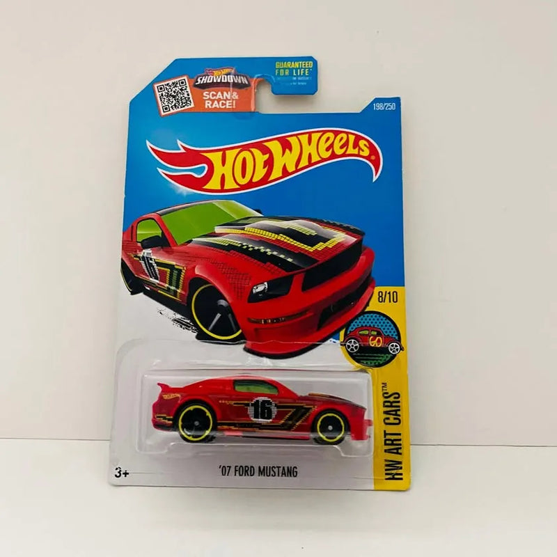 Red 2007 Ford Mustang Hot Wheels diecast car in blister package