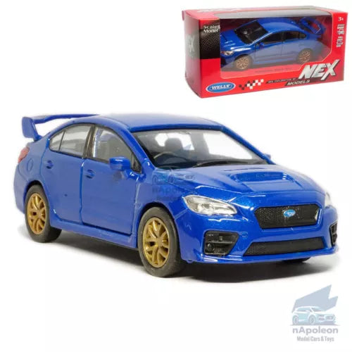 Blue diecast model car, front three-quarter view, gold wheels, Subaru WRX STI style