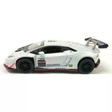 White diecast model supercar with black wheels, side view, racing decals and rear wing