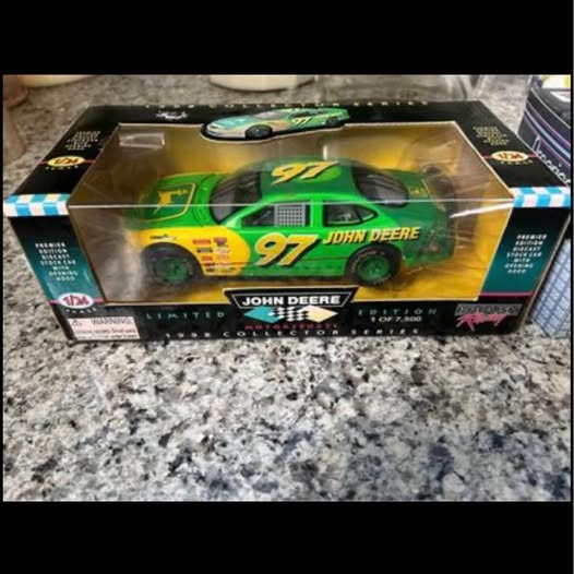Diecast John Deere 97 green race car in display box