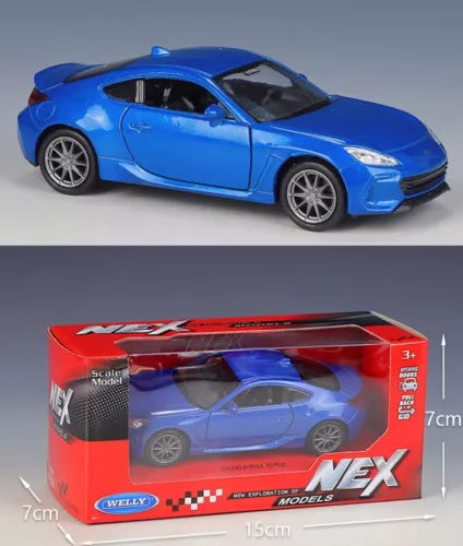 Blue 1:36 diecast sports car model with WELLY retail box
