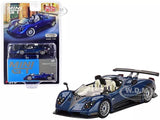 Blue open-top diecast convertible model car with black trim, front 3/4 view
