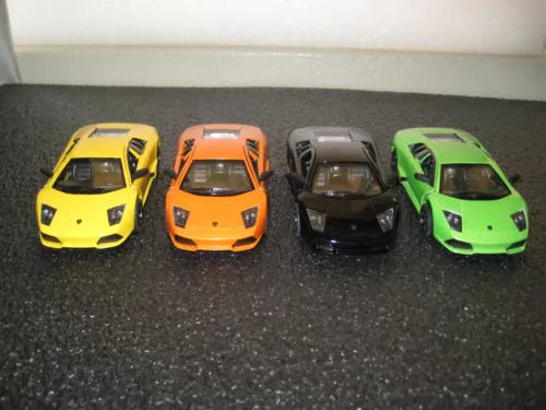 Set of four diecast toy model cars in yellow, orange, black, and green