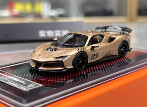 Gold racing sports model diecast car toy, black wheels, number 23 detail
