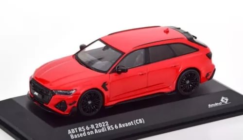 Red diecast model car with front 3/4 view, ABT RS 6-R style