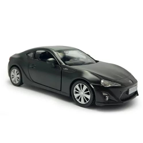 1:36 matte black sports car diecast model with detailed front and side profile