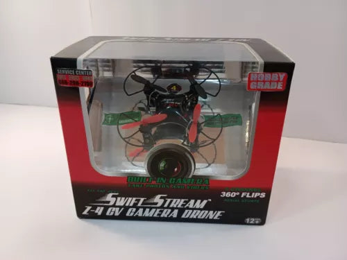 Mini RC camera drone in clear retail box, black frame with red accents