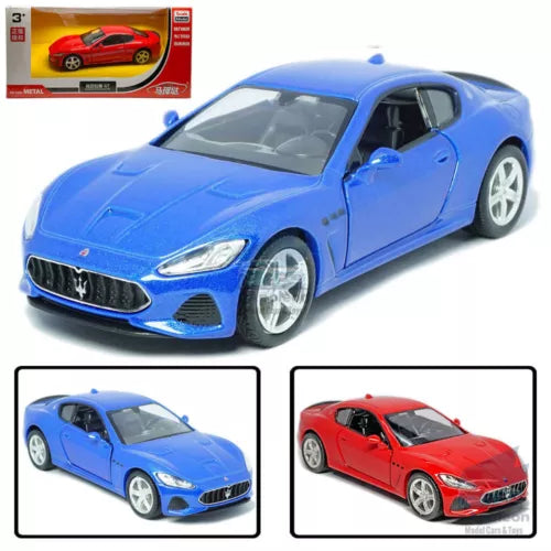 1:36 blue Maserati Gran Turismo MC diecast model car, front 3/4 view, metal toy