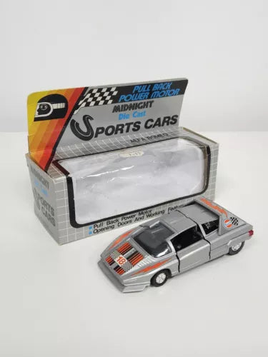 Diecast sports car toy, silver gray with decals, in open display box