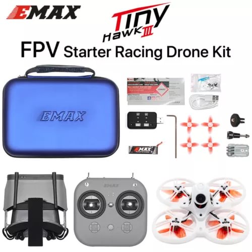 FPV starter racing drone kit with blue carrying case and quadcopter parts
