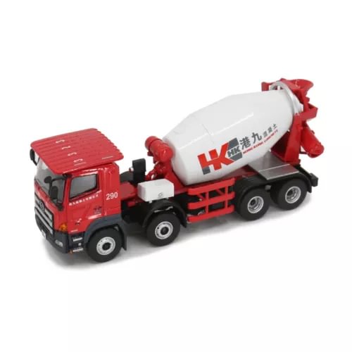 Red and white diecast concrete mixer truck model with rotating drum