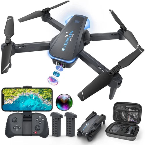 Foldable quadcopter drone with camera, remote controller and carrying case