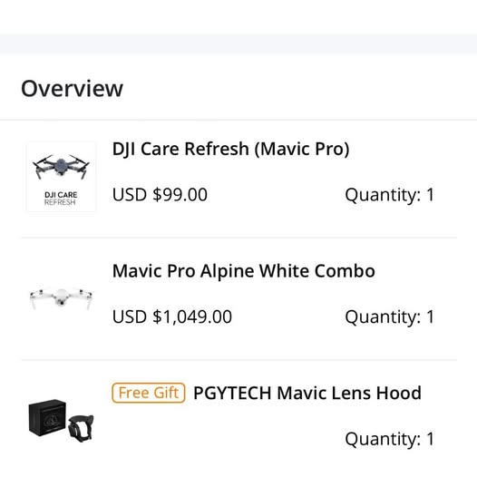 DJI Mavic Pro service listing with drone icon