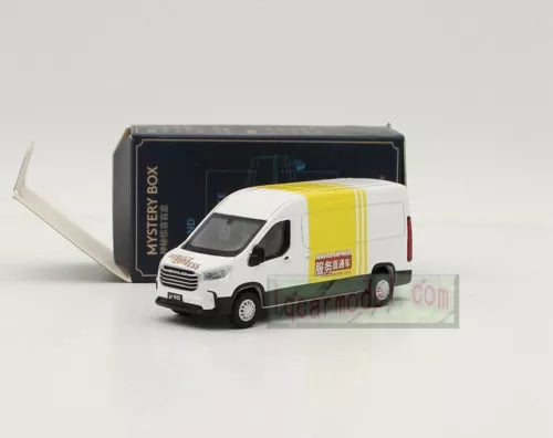 1:64 scale diecast service van toy model, white with yellow side panel, in box
