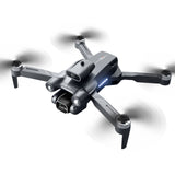 Mini quadcopter drone with front camera and four propellers, LED status lights