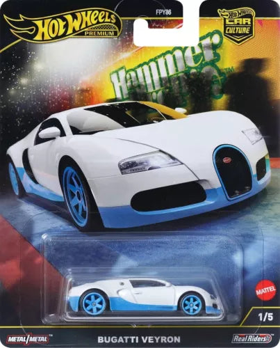 Hot Wheels Bugatti Veyron 1:64 diecast car, white with black hood and blue wheels.