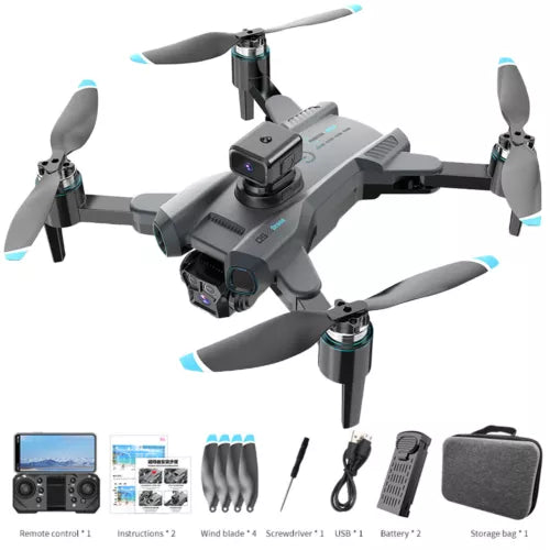 Gray FPV quadcopter drone with 4 propellers and camera, plus remote and accessories