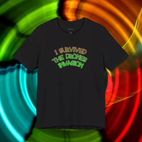 Black crewneck T-shirt with 'I Survived the Drones Invasion' graphic