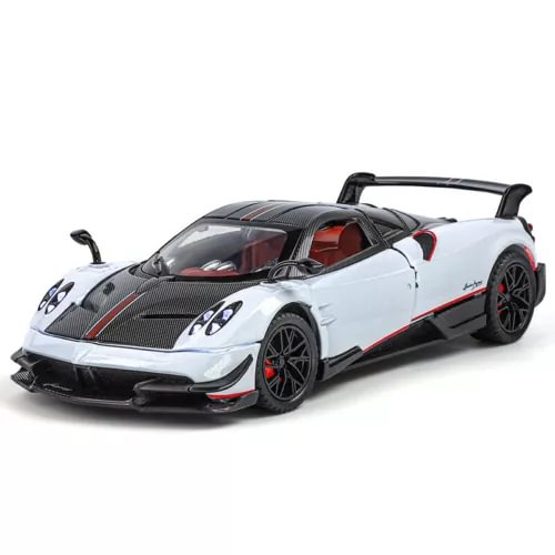 Alloy diecast sports car model with black rear wing, white body, red accents.