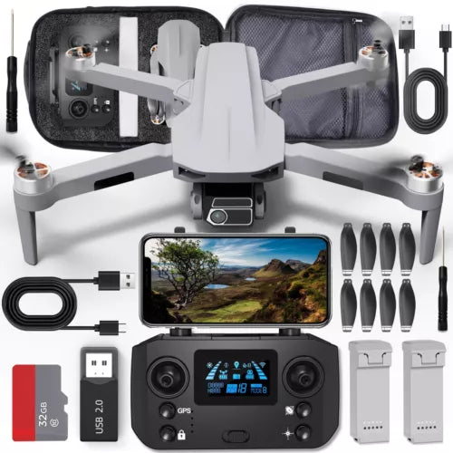 Foldable quadcopter drone with camera, controller, propellers, batteries and charging cables