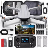 Foldable quadcopter drone with camera, controller, propellers, batteries and charging cables