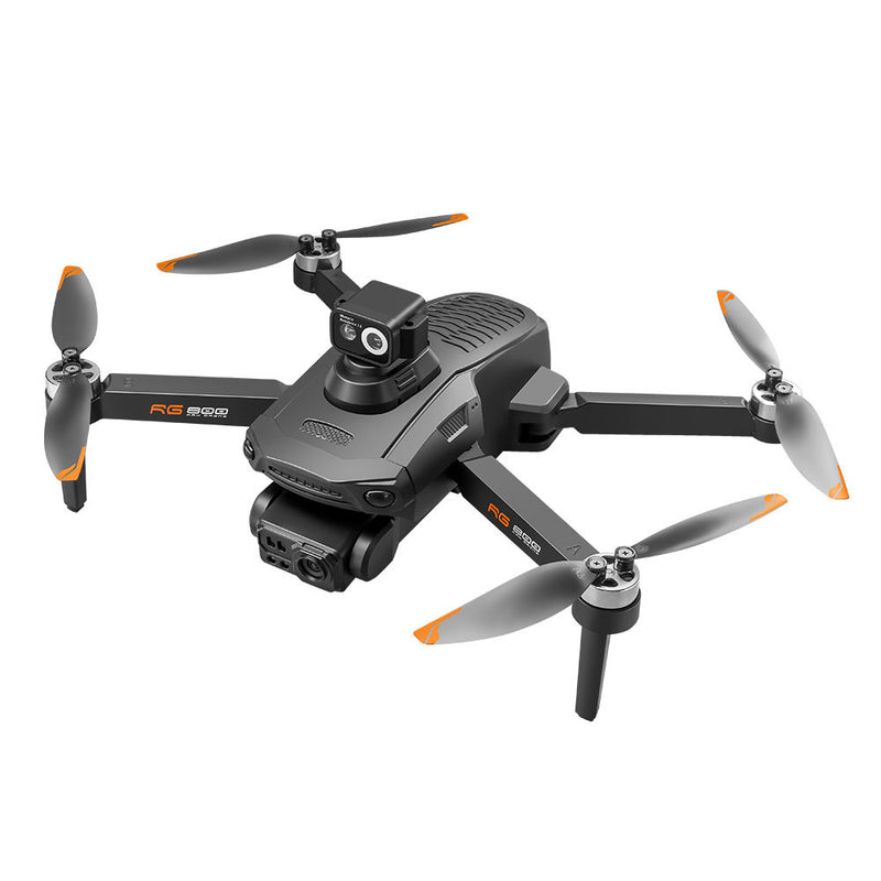 Gray quadcopter drone with mounted camera and four orange-tipped propellers