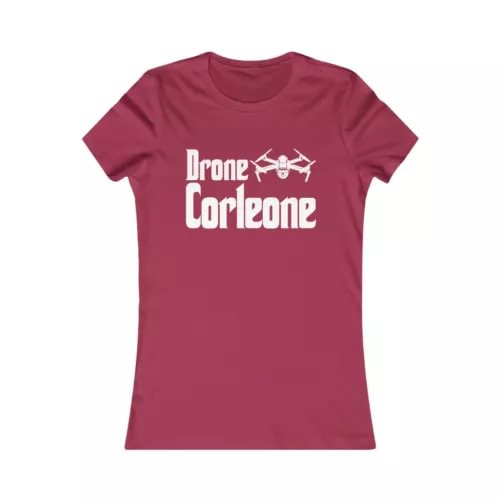 Women’s graphic tee, burgundy, front Drone Corleone logo