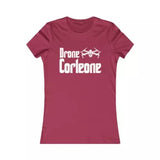 Women’s graphic tee, burgundy, front Drone Corleone logo