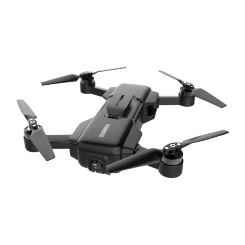 Foldable 4K camera drone with four propellers and front camera lens, dark gray