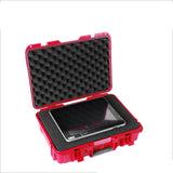 Hard drone carry case with foam insert, red exterior, open lid and molded tray